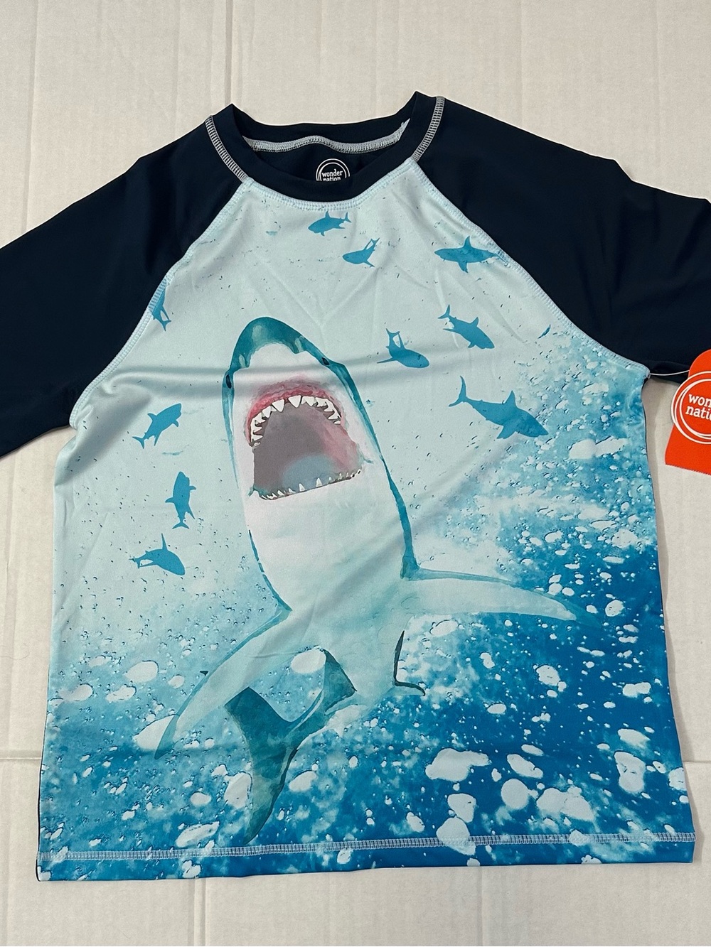 wonder nation Blue Shark Graphic Rashguard Swim Top with Navy Sleeves